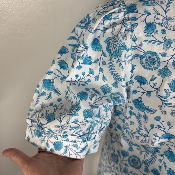 Draper James Women's S V-Neck Puff Sleeve Blouse Top Blue Floral NWT 9264 - Picture 4 of 15